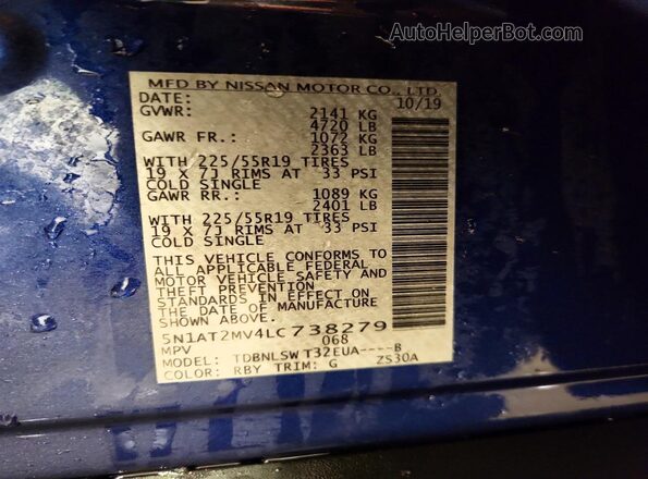 5N1AT2MV4LC738279 2020 NISSAN ROGUE Blue Vista de la etiqueta del VIN