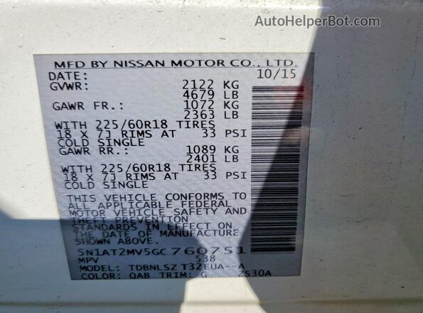 5N1AT2MV5GC760751 2016 NISSAN ROGUE White VIN sticker view