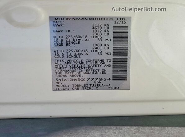 5N1AT2MV5GC777954 2016 NISSAN ROGUE White VIN კოდის სტიკერის ხედი