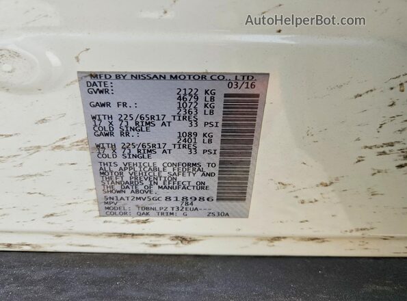5N1AT2MV5GC818986 2016 NISSAN ROGUE White VIN կոդի պիտակի տեսք