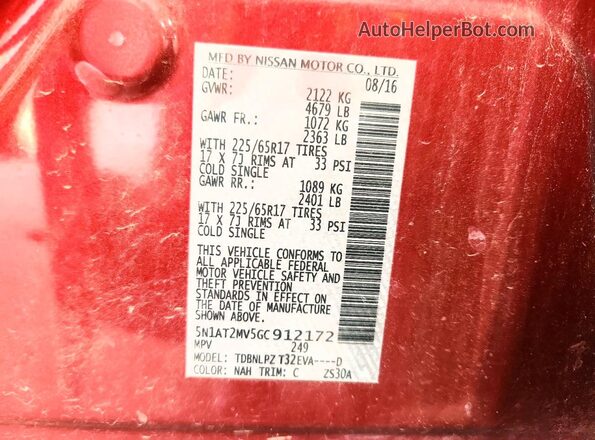 5N1AT2MV5GC912172 2016 NISSAN ROUGUE Red VIN sticker view