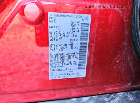 5N1AT2MV5LC787250 2020 NISSAN ROGUE Burgundy Widok naklejki z numerem VIN