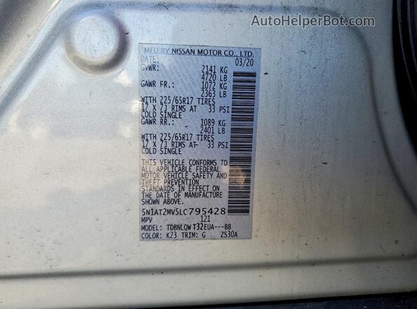 5N1AT2MV5LC795428 2020 NISSAN ROGUE Silver VIN sticker view