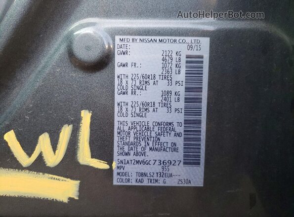 5N1AT2MV6GC736927 2016 NISSAN ROGUE Gray 360 interior view