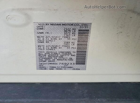 5N1AT2MV6GC769233 2016 NISSAN ROGUE White Vista de la etiqueta del VIN
