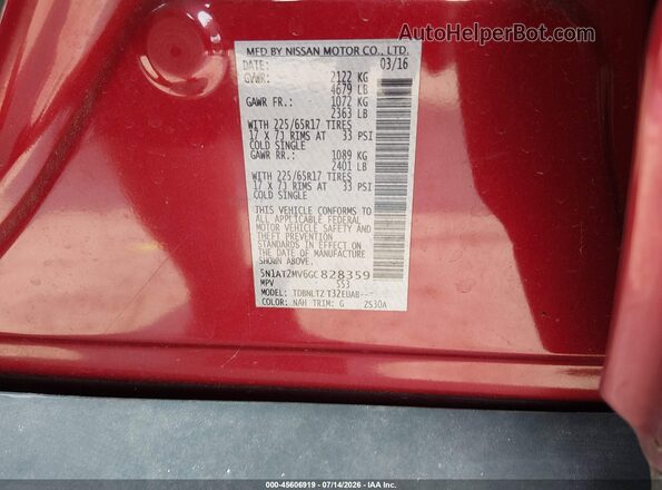 5N1AT2MV6GC828359 2016 NISSAN ROGUE Red Widok komory silnika