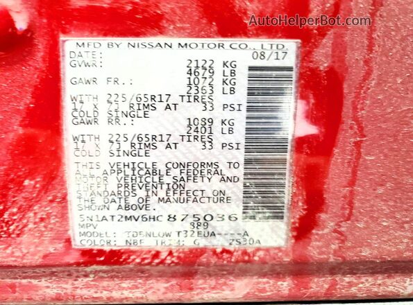 5N1AT2MV6HC875036 2017 NISSAN ROGUE Maroon VIN կոդի պիտակի տեսք