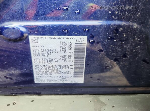 5N1AT2MV6JC725627 2018 NISSAN ROGUE Blue VIN sticker view