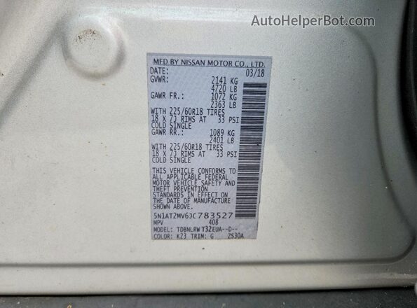 5N1AT2MV6JC783527 2018 NISSAN ROGUE Silver VIN sticker view