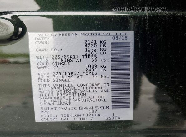 5N1AT2MV6JC844598 2018 NISSAN ROGUE Green VIN կոդի պիտակի տեսք