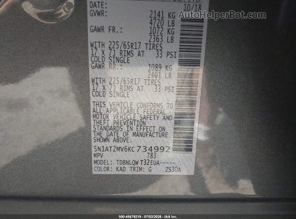 5N1AT2MV6KC734992 2019 NISSAN ROGUE Серый Вид подкапотного пространства