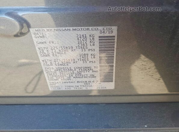5N1AT2MV6KC808847 2019 NISSAN ROGUE Gray VIN sticker view