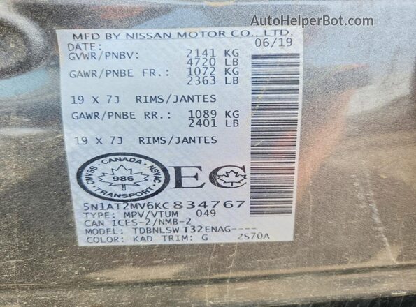5N1AT2MV6KC834767 2019 NISSAN ROGUE Gray VIN კოდის სტიკერის ხედი