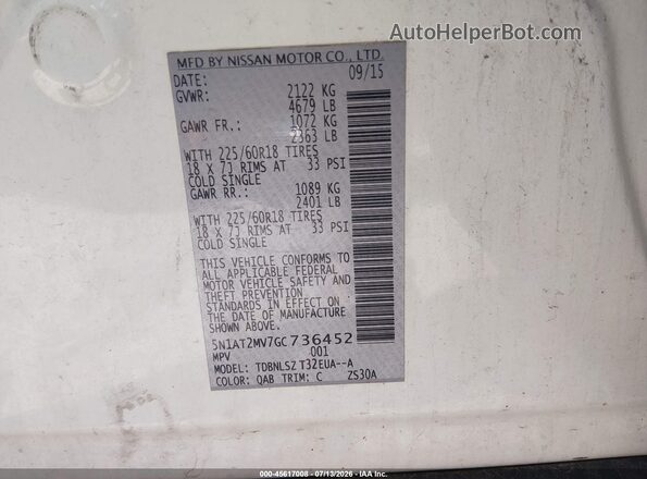 5N1AT2MV7GC736452 2016 NISSAN ROGUE White Շարժիչի բաժամունքի տեսք