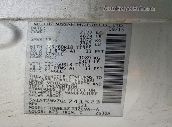 5N1AT2MV7GC741523 2016 NISSAN ROGUE Silver 360 interior view
