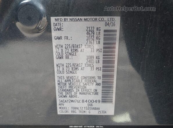 5N1AT2MV7GC840049 2016 NISSAN ROGUE Gray Շարժիչի բաժամունքի տեսք