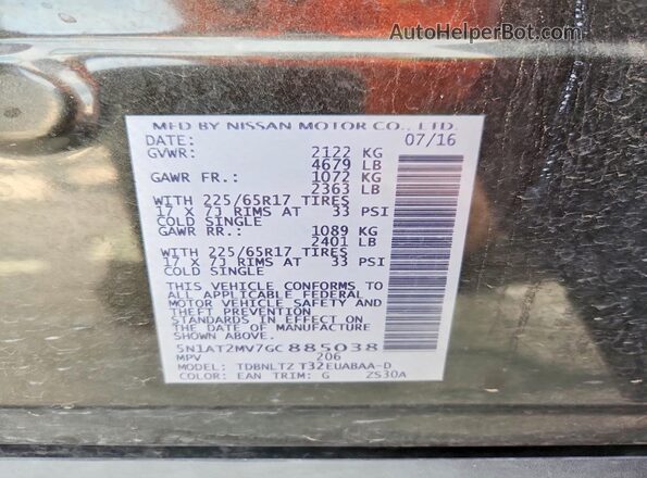 5N1AT2MV7GC885038 2016 NISSAN ROGUE Black Vista de la etiqueta del VIN
