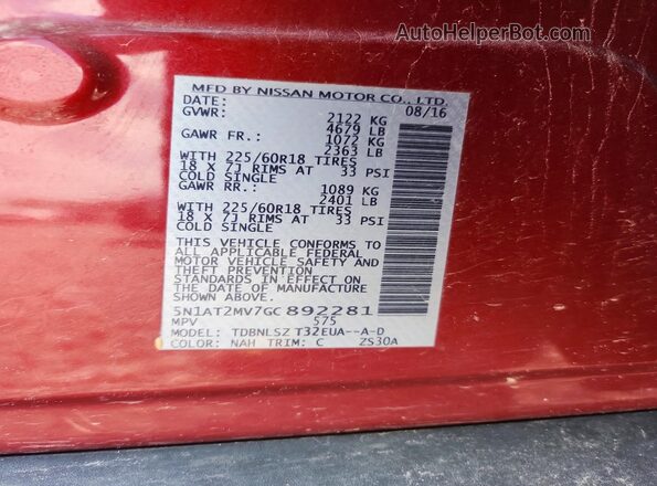 5N1AT2MV7GC892281 2016 NISSAN ROGUE Burgundy Widok naklejki z numerem VIN