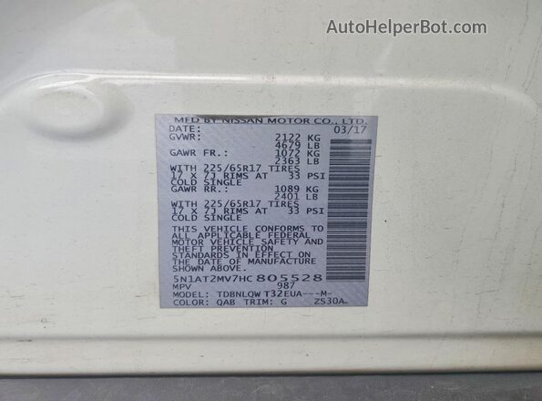 5N1AT2MV7HC805528 2017 NISSAN ROGUE White VIN sticker view