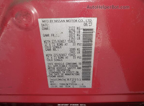 5N1AT2MV7HC872551 2017 NISSAN ROGUE Red Engine compartment view