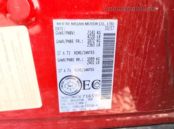 5N1AT2MV7JC716595 2018 NISSAN ROGUE Maroon VIN sticker view