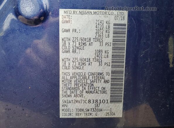 5N1AT2MV7JC838101 2018 NISSAN ROGUE Blue Вид наклейки з VIN-кодом