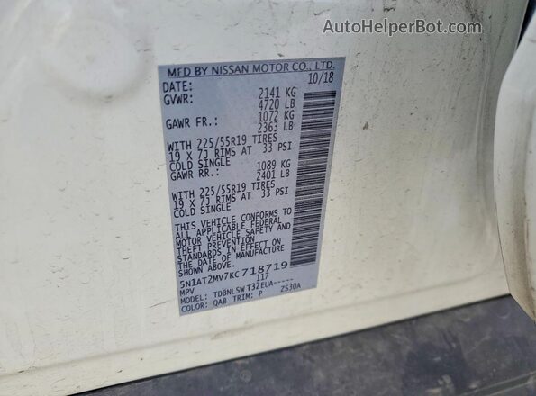 5N1AT2MV7KC718719 2019 NISSAN ROGUE White VIN კოდის სტიკერის ხედი