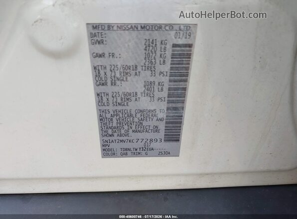 5N1AT2MV7KC772893 2019 NISSAN ROGUE White Vista del compartimento del motor