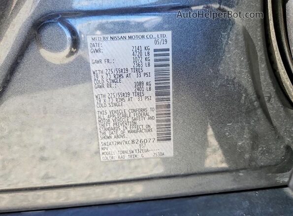 5N1AT2MV7KC826077 2019 NISSAN ROGUE Gray VIN sticker view