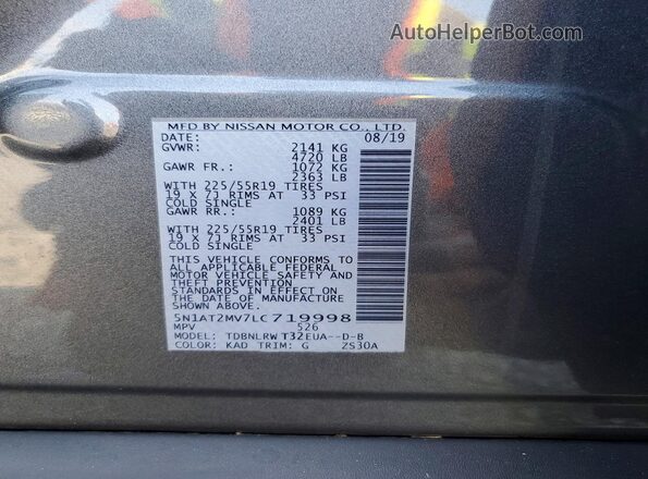 5N1AT2MV7LC719998 2020 NISSAN ROGUE Gray VIN կոդի պիտակի տեսք