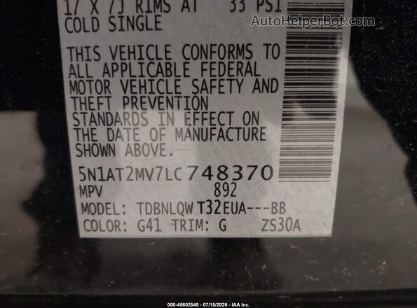 5N1AT2MV7LC748370 2020 NISSAN ROGUE Black Շարժիչի բաժամունքի տեսք