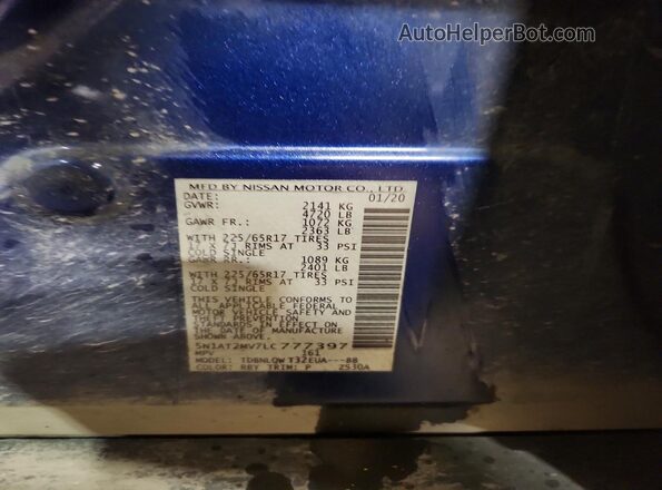 5N1AT2MV7LC777397 2020 NISSAN ROGUE Blue Widok naklejki z numerem VIN