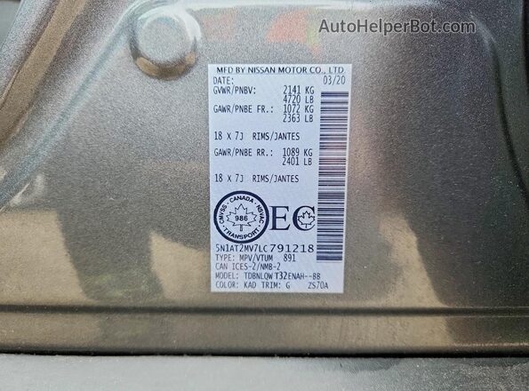 5N1AT2MV7LC791218 2020 NISSAN ROGUE Gray Widok naklejki z numerem VIN