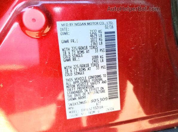 5N1AT2MV8GC805309 2016 NISSAN ROGUE Red VIN კოდის სტიკერის ხედი