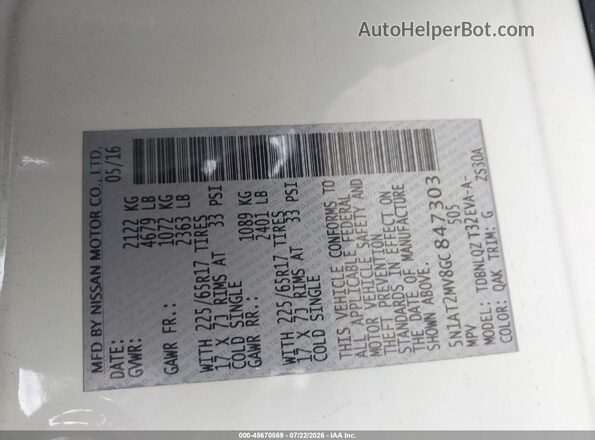 5N1AT2MV8GC847303 2016 NISSAN ROGUE White Widok komory silnika