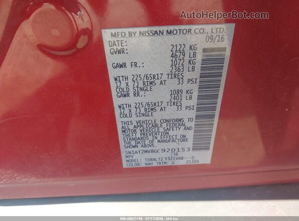 5N1AT2MV8GC920153 2016 NISSAN ROGUE Red Widok komory silnika