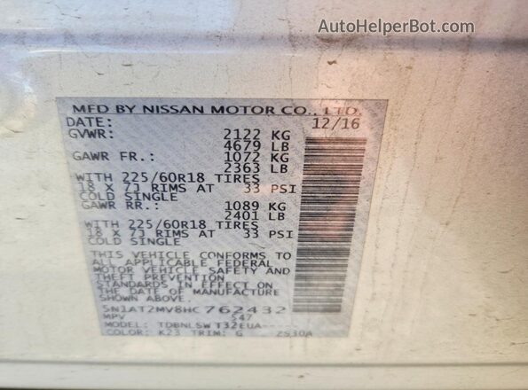 5N1AT2MV8HC762432 2017 NISSAN ROGUE Silver Вид наклейки з VIN-кодом
