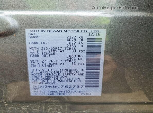 5N1AT2MV8HC762737 2017 NISSAN ROGUE Gray VIN sticker view