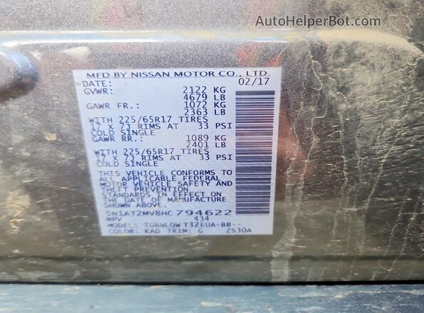 5N1AT2MV8HC794622 2017 NISSAN ROGUE Silver Widok naklejki z numerem VIN