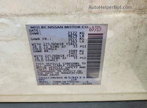 5N1AT2MV8HC859033 2017 NISSAN ROGUE Белый Вид наклейки с VIN-кодом