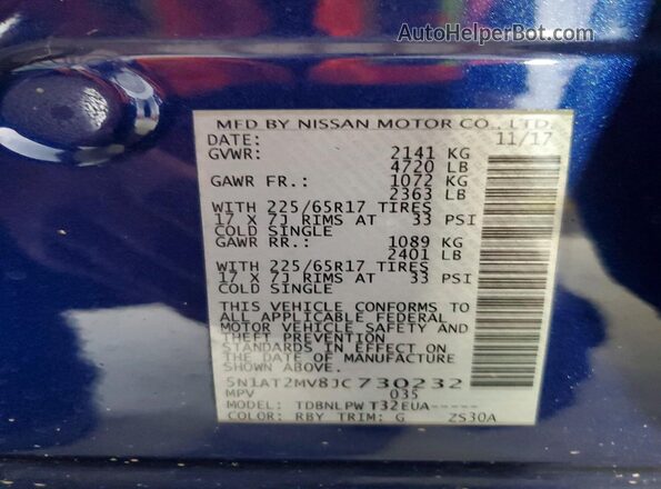 5N1AT2MV8JC730232 2018 NISSAN ROGUE Blue Вид наклейки з VIN-кодом