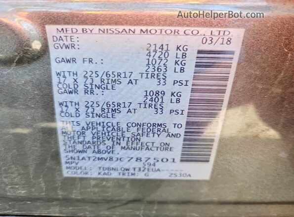5N1AT2MV8JC787501 2018 NISSAN ROGUE Gray VIN კოდის სტიკერის ხედი