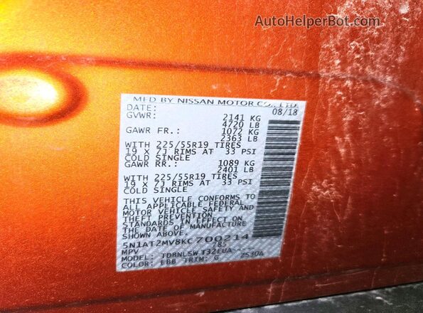 5N1AT2MV8KC700214 2019 NISSAN ROGUE Orange VIN կոդի պիտակի տեսք