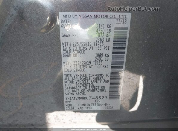 5N1AT2MV8KC748523 2019 NISSAN ROGUE Gray Widok komory silnika