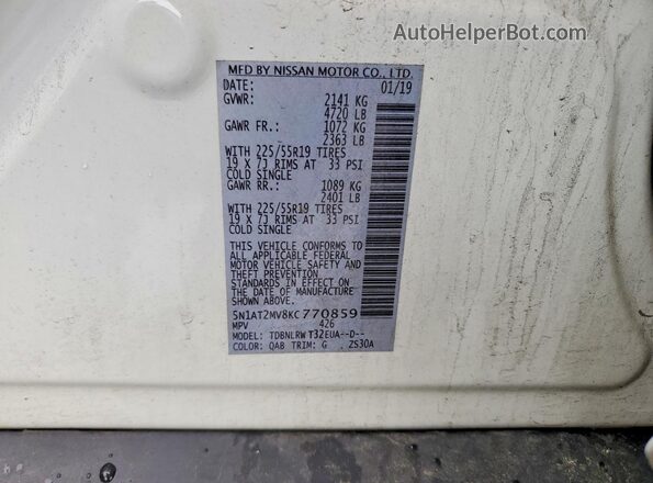 5N1AT2MV8KC770859 2019 NISSAN ROGUE White VIN კოდის სტიკერის ხედი