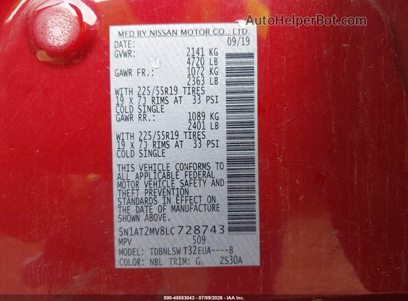5N1AT2MV8LC728743 2020 NISSAN ROGUE Red ძრავის განყოფილების ხედი