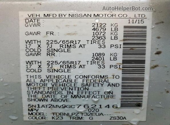 5N1AT2MV9GC762146 2016 NISSAN ROGUE Серебряный Вид наклейки с VIN-кодом