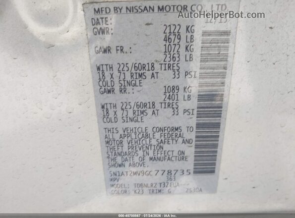 5N1AT2MV9GC778735 2016 NISSAN ROGUE Silver Vista del compartimento del motor