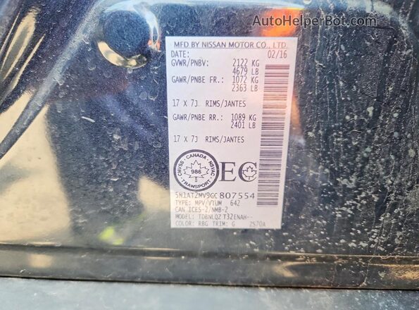 5N1AT2MV9GC807554 2016 NISSAN ROGUE Blue Вид наклейки з VIN-кодом