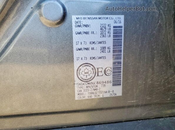 5N1AT2MV9GC869486 2016 NISSAN ROGUE Charcoal Vista de la etiqueta del VIN